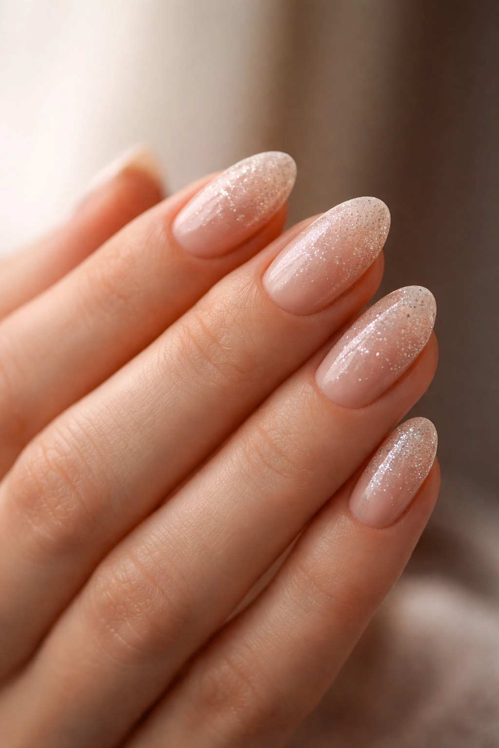 Close-up of short almond nails with micro glitter on nude base.
