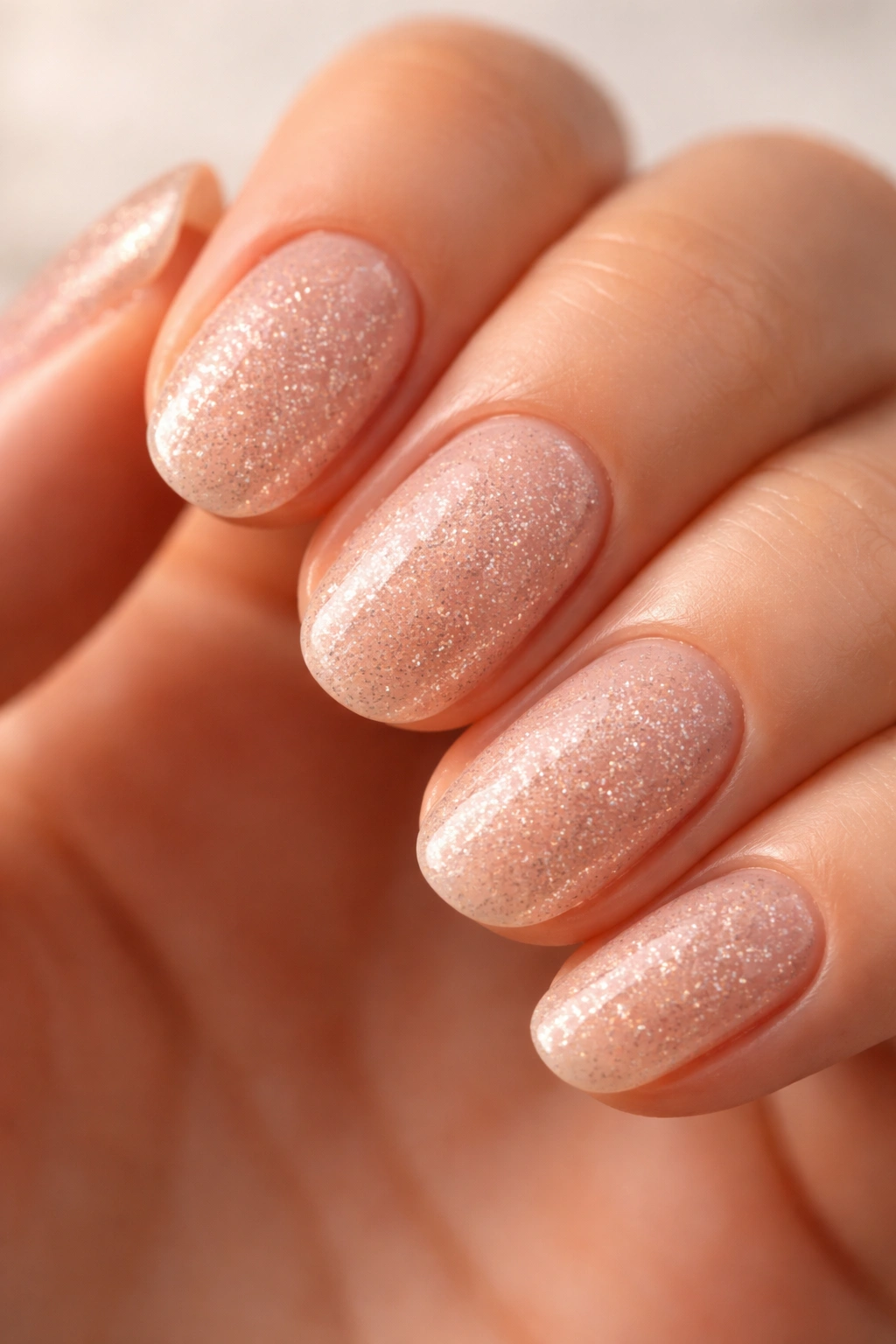 Close-up of short oval nails with fine micro glitter on sheer pink base