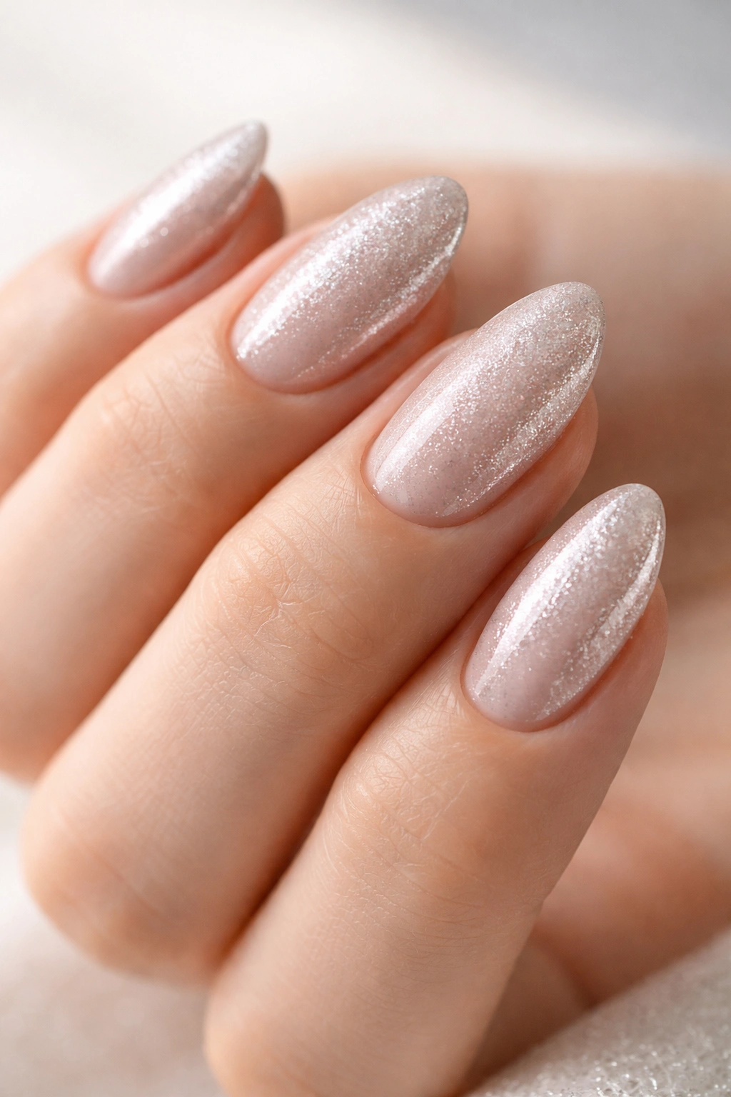 Close-up of short almond nails with micro-glitter silver finish on nude base
