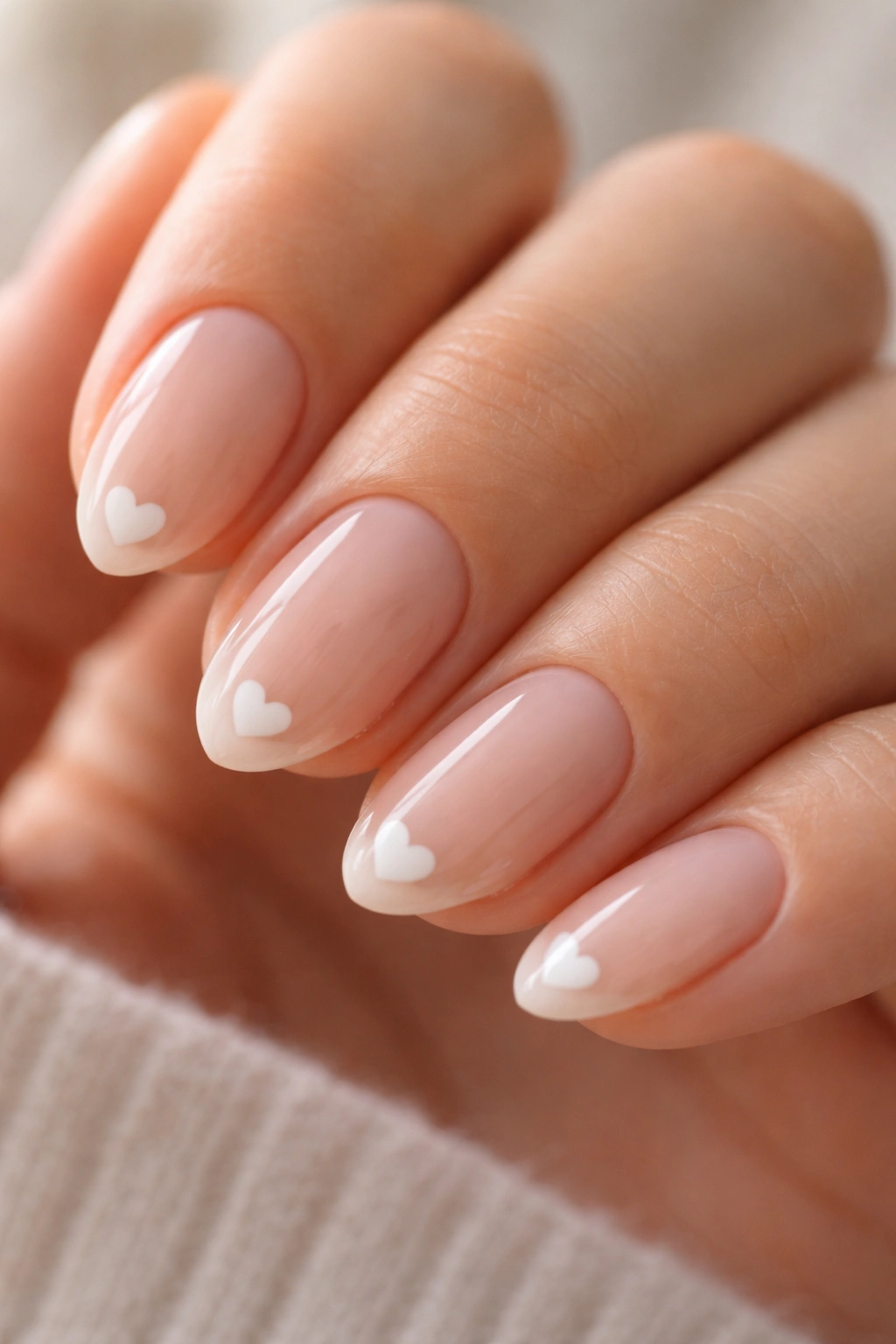 Macro shot of short almond nails with micro white hearts at the tips