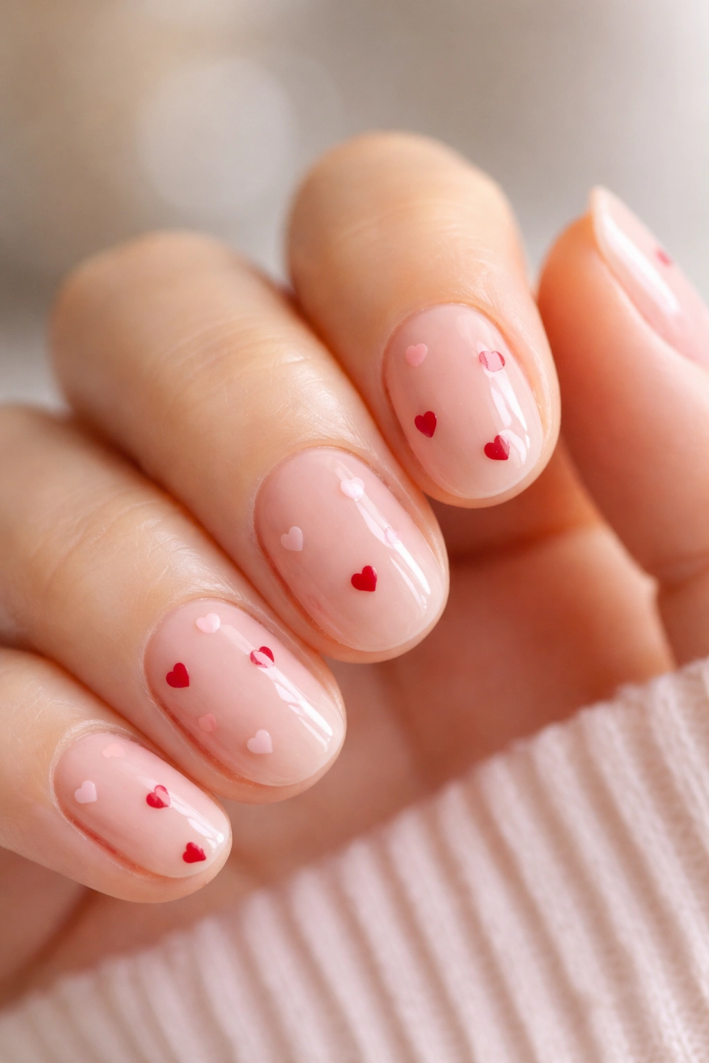 Close-up of short oval nails with tiny red and pink micro heart art on nude base