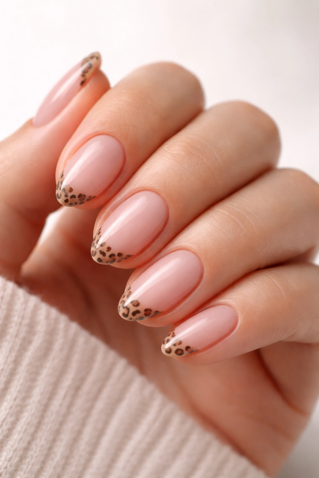 Close-up of short almond nails with micro leopard print on the tips against a neutral background