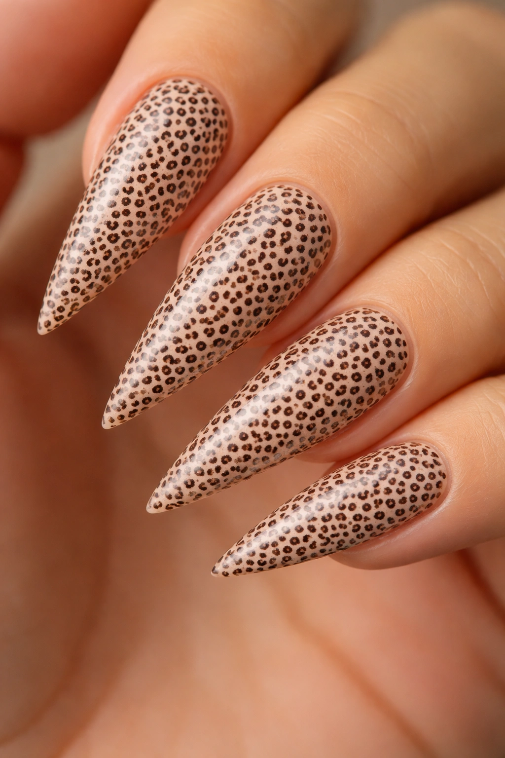 Dense micro leopard spots on stiletto nails over neutral base