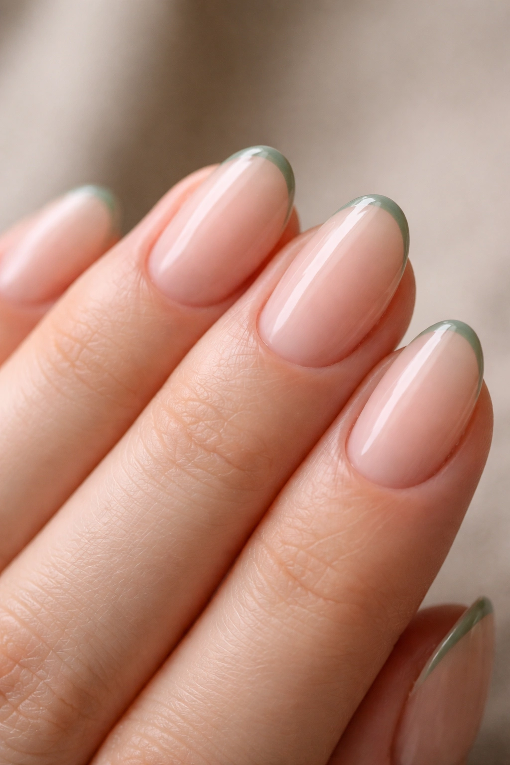 Short almond nails with a 1mm micro French sage smile line