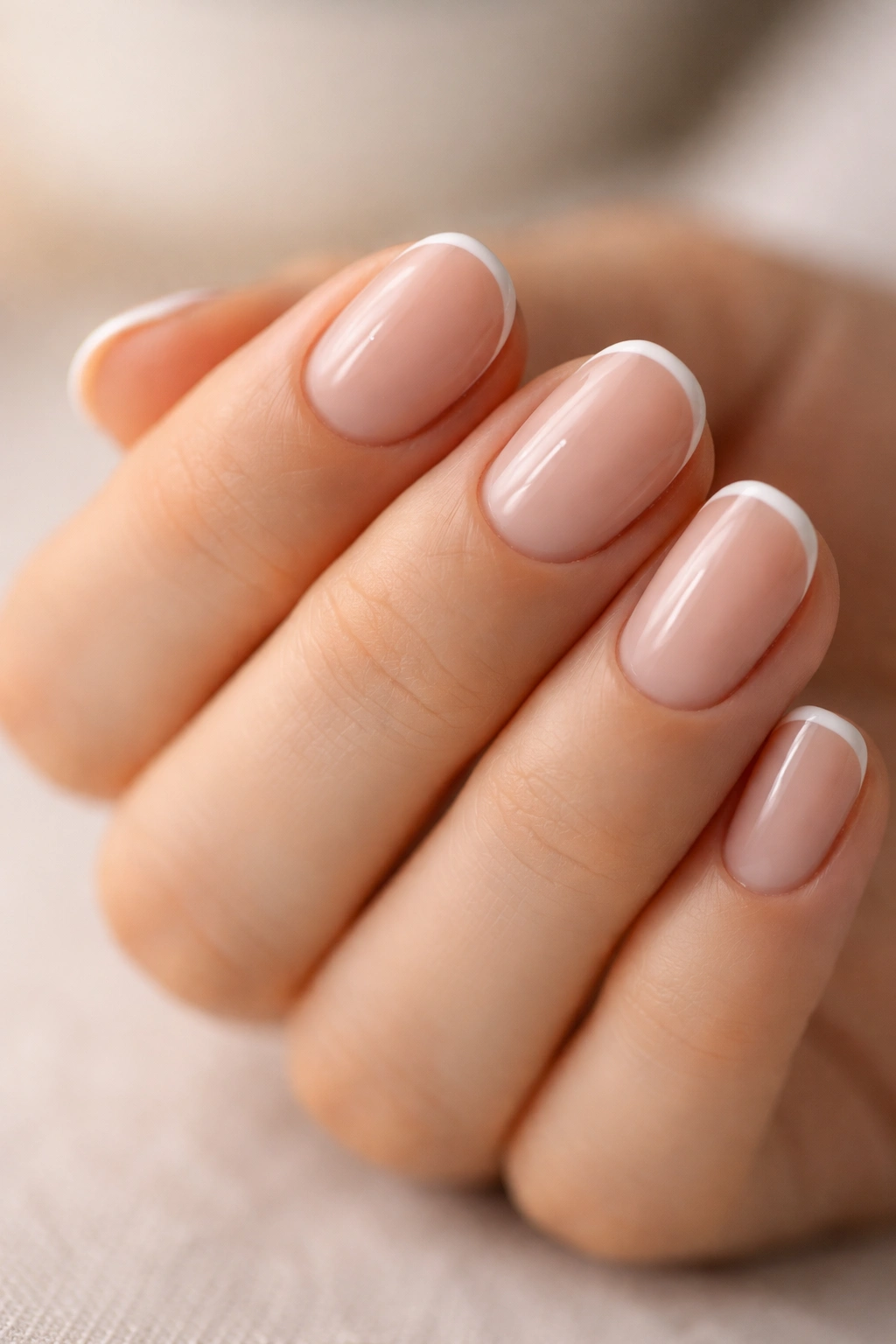 Close-up of a hand with micro French tip on short oval nails