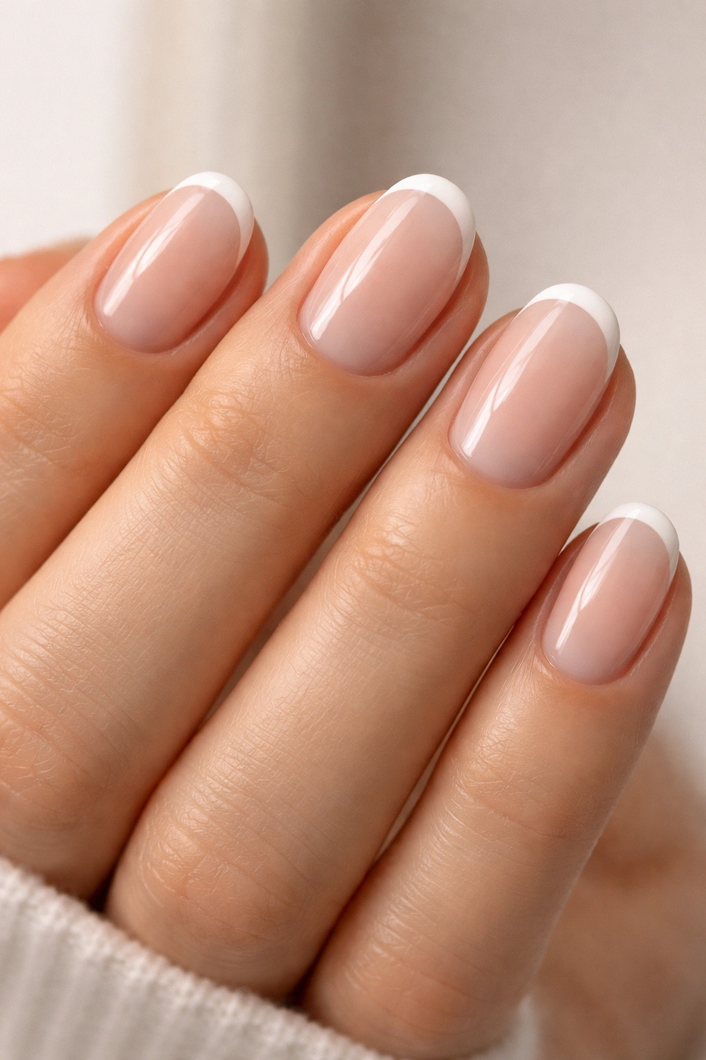 Close-up of short oval nails with micro white tips on a sheer pink base