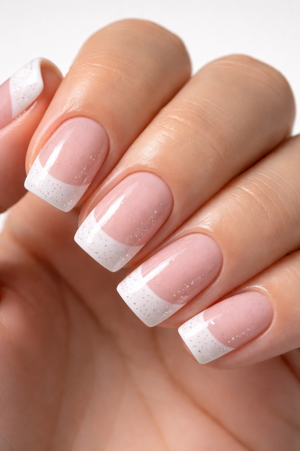 Close-up of short squoval nails with white tip featuring microdots or speckles