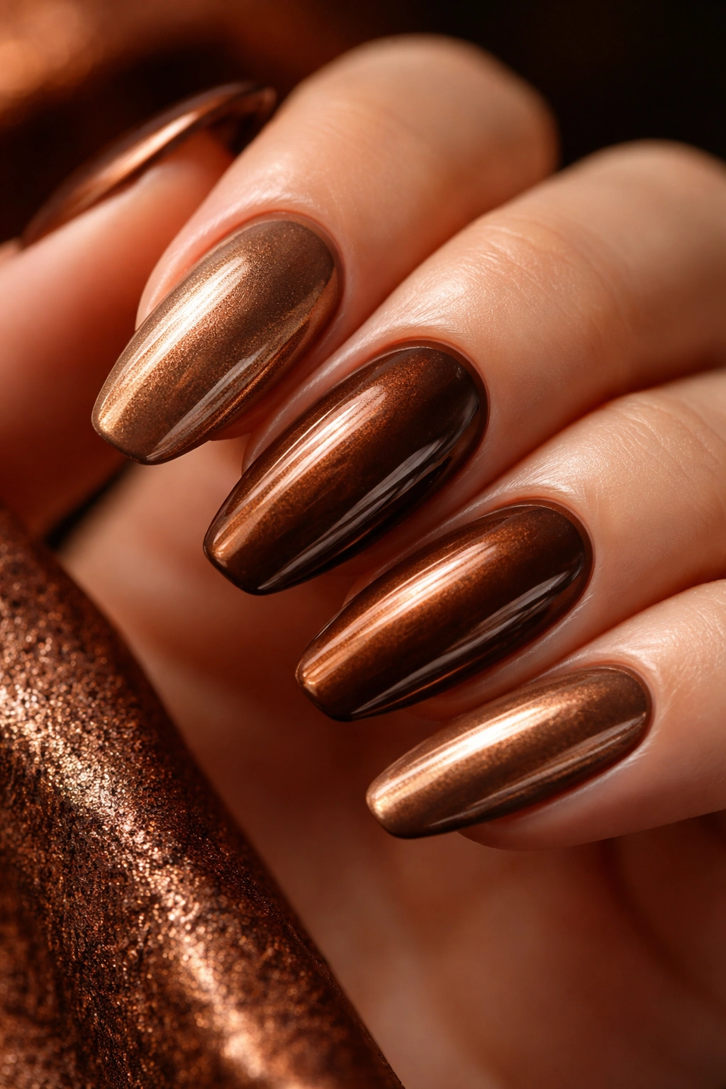 Close-up of mid-tone brown chrome nails in chocolate toffee cinnamon hues
