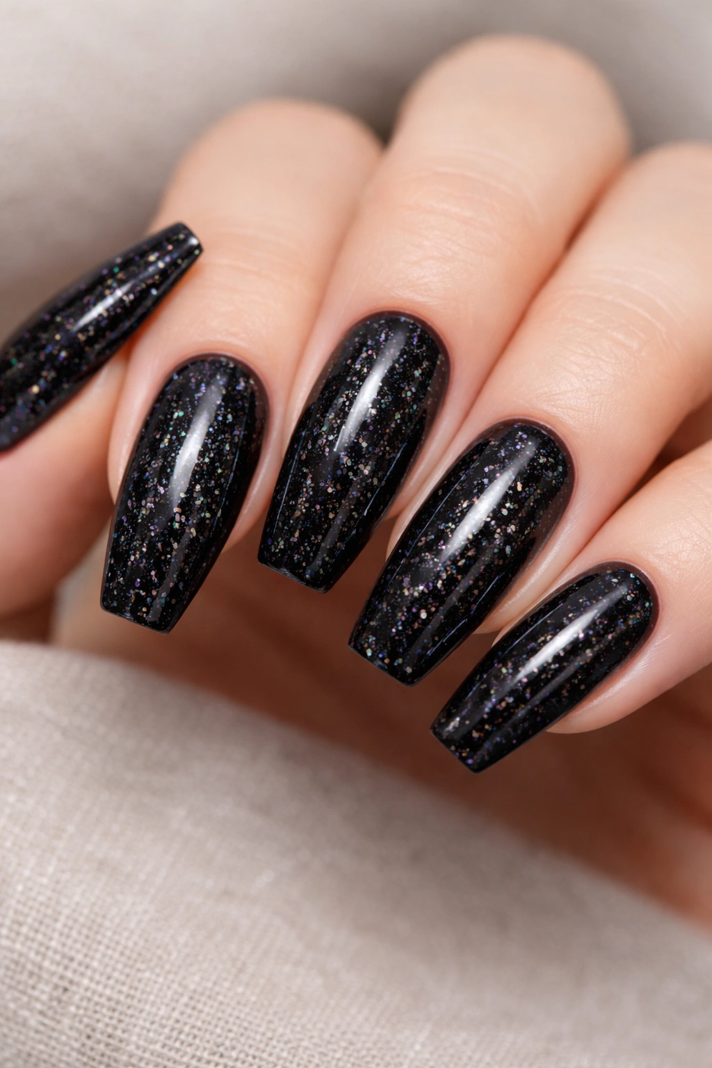 Midnight black coffin nails with holographic flakes catching rainbow light