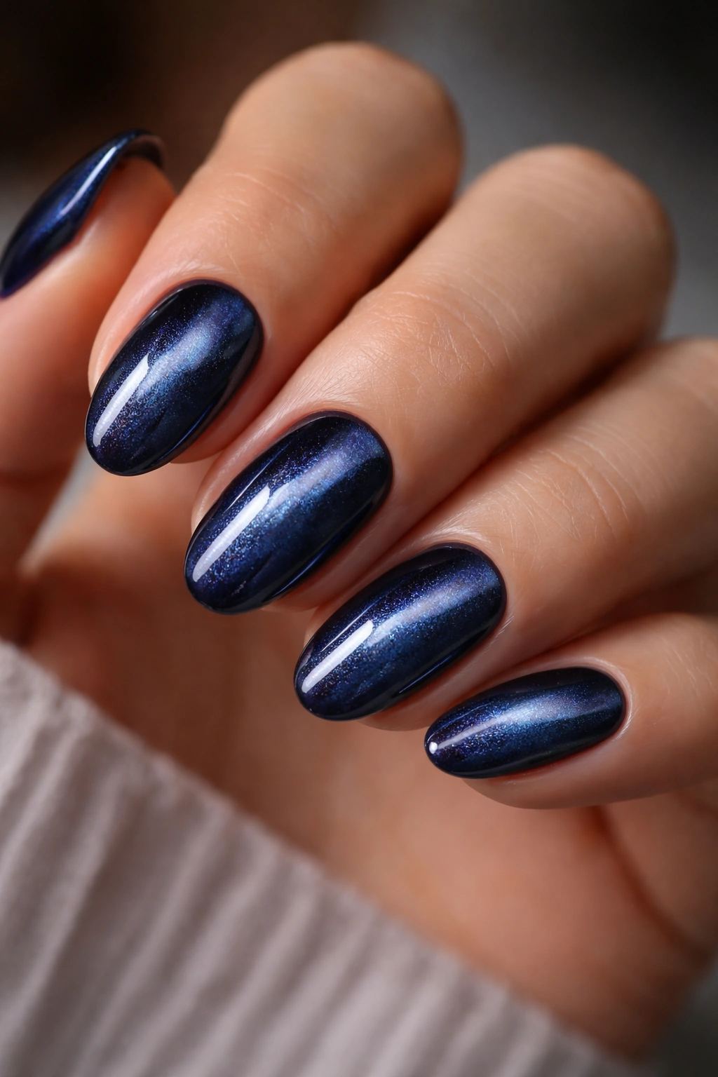 Close-up of short almond nails with midnight blue cat-eye shimmer