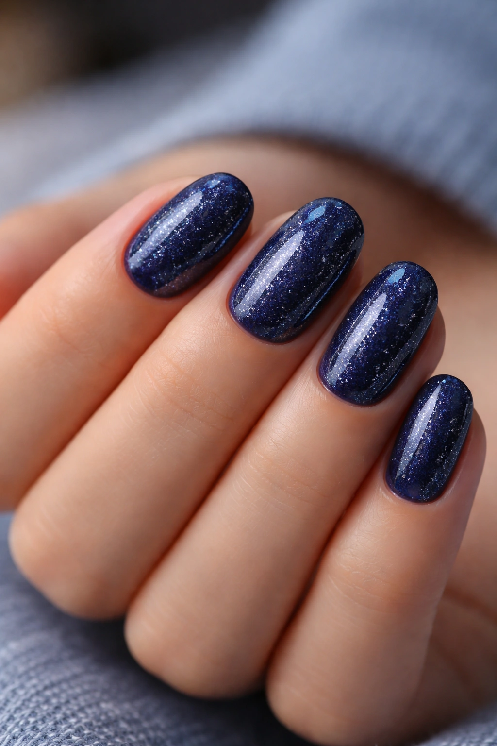 Close-up of midnight blue short oval nails with silver micro glitter