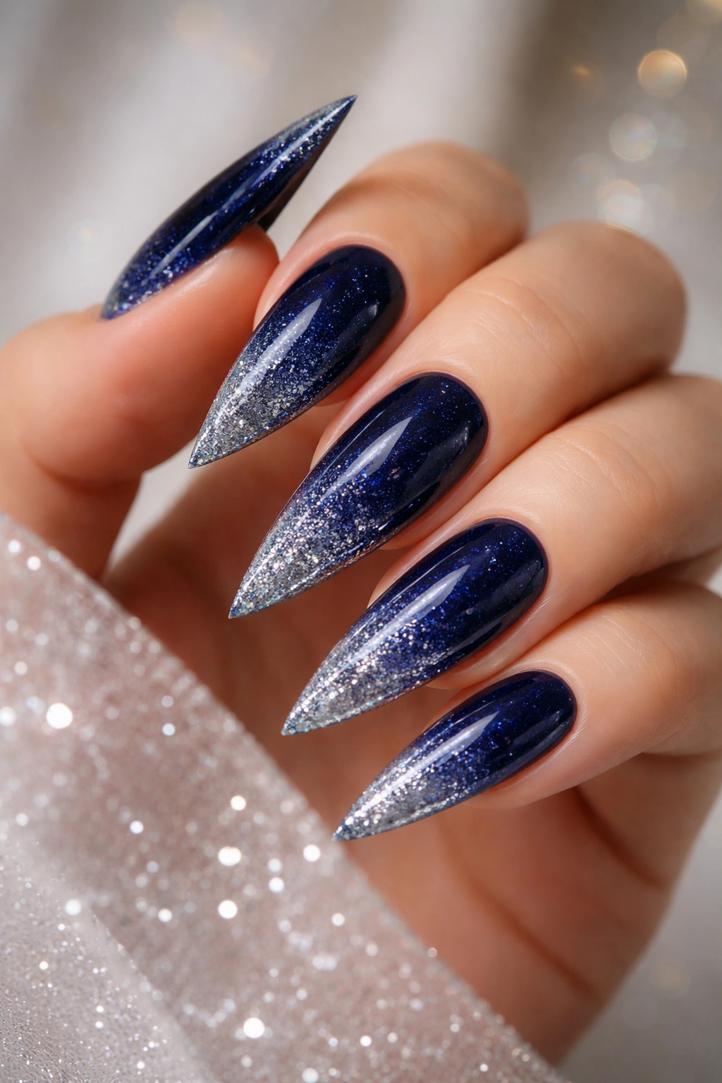 Midnight blue stiletto nails with silver glitter base