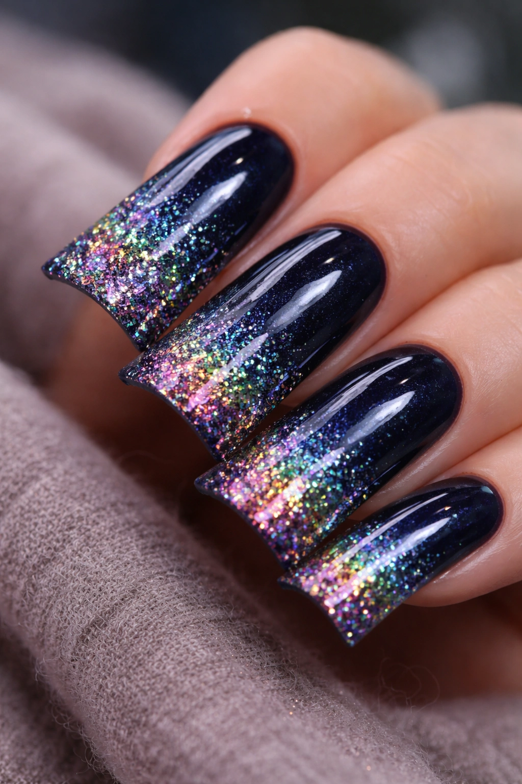 Duck nails with deep midnight blue base and rainbow holographic glitter at the tips
