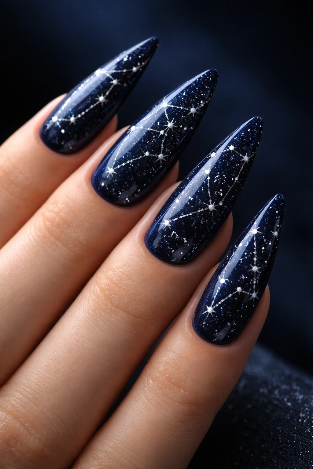 Midnight blue nails with constellation dot pattern on a dark gradient background
