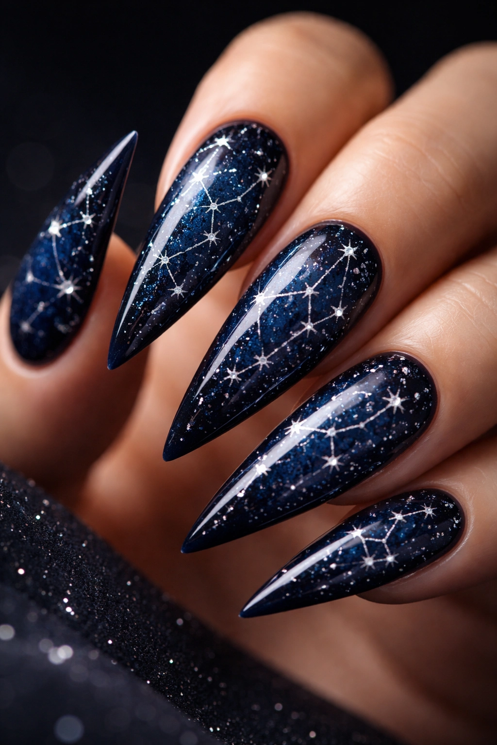 Midnight blue stiletto nail with star constellation pattern