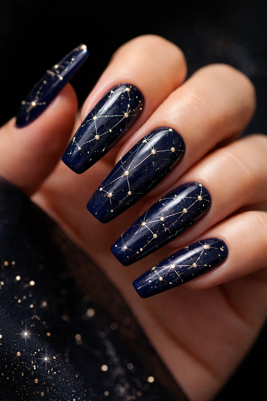 Midnight blue coffin nails with star constellation designs on a bare hand