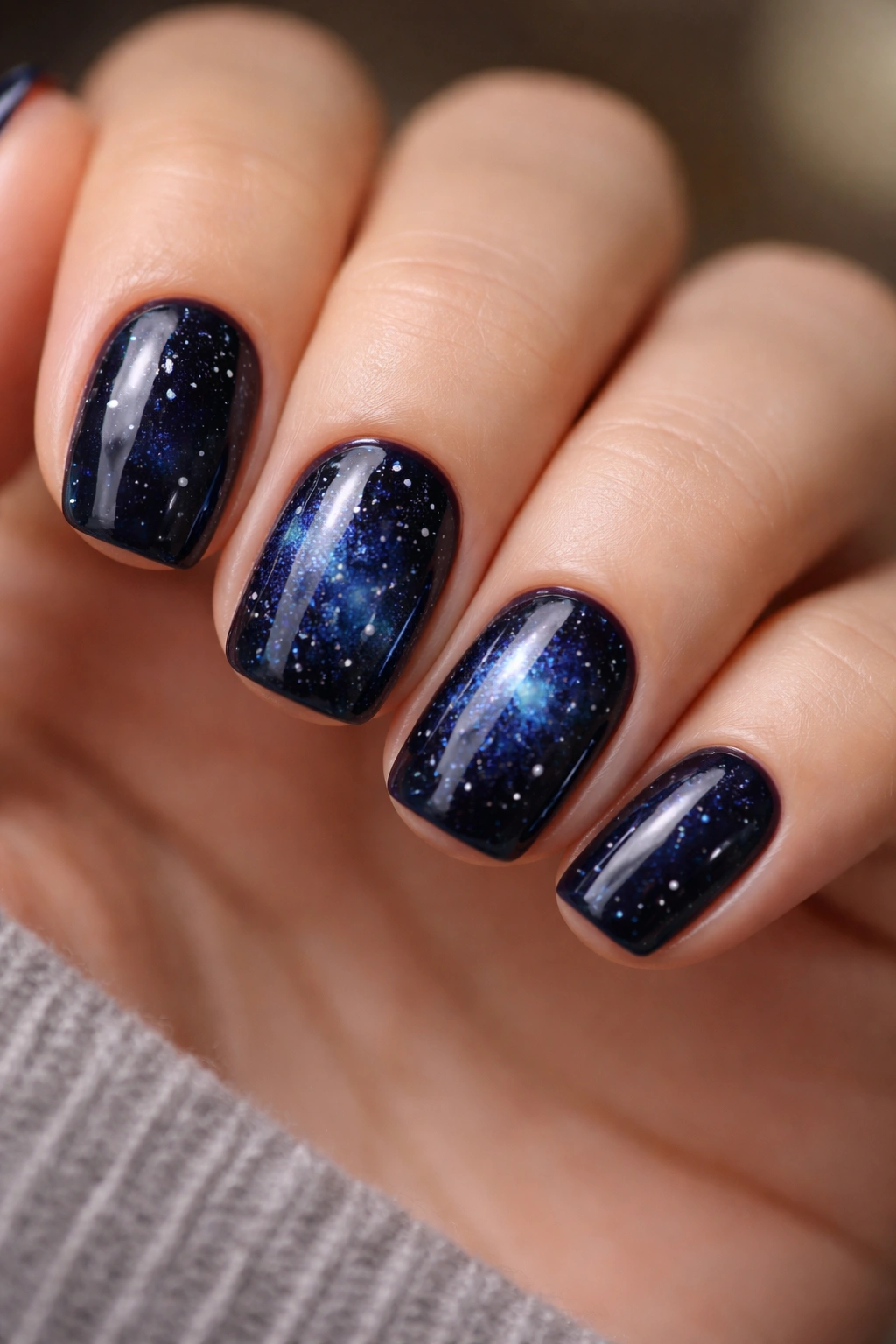 Close-up of midnight blue squoval nails with galaxy accents on a neutral background