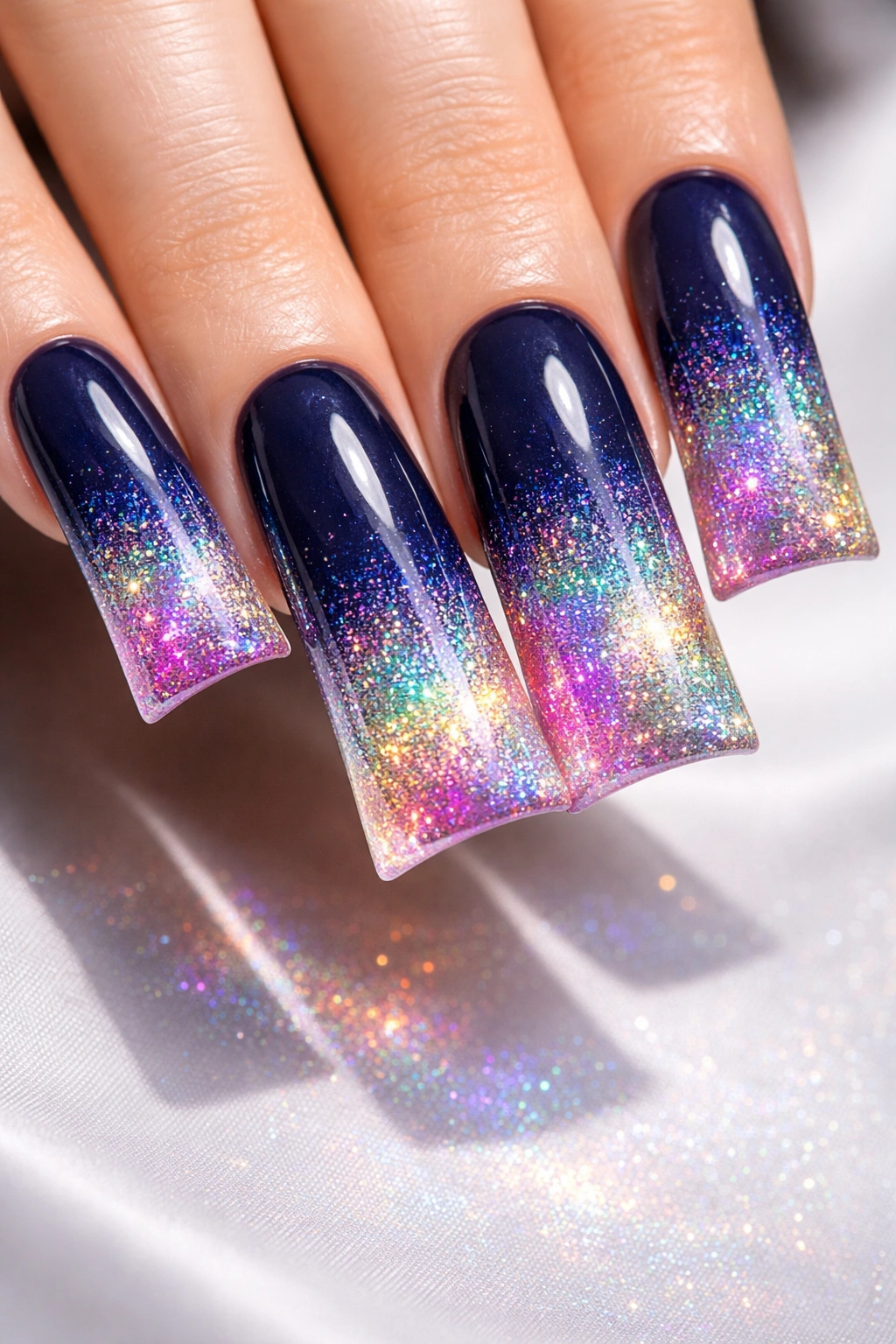 Close-up of long duck nails with midnight blue base fading to holographic rainbow sparkle at tips