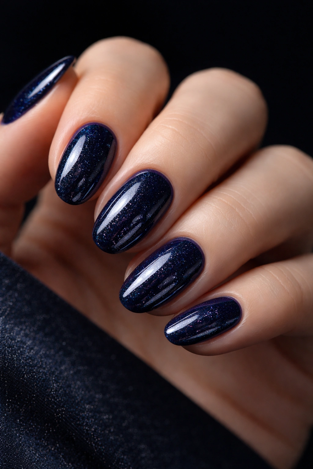 Close-up of short almond nails in midnight blue with subtle sparkle