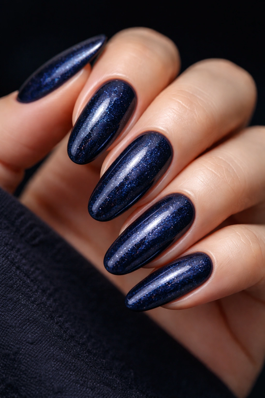 Close-up of long oval nails in midnight blue with subtle silver shimmer