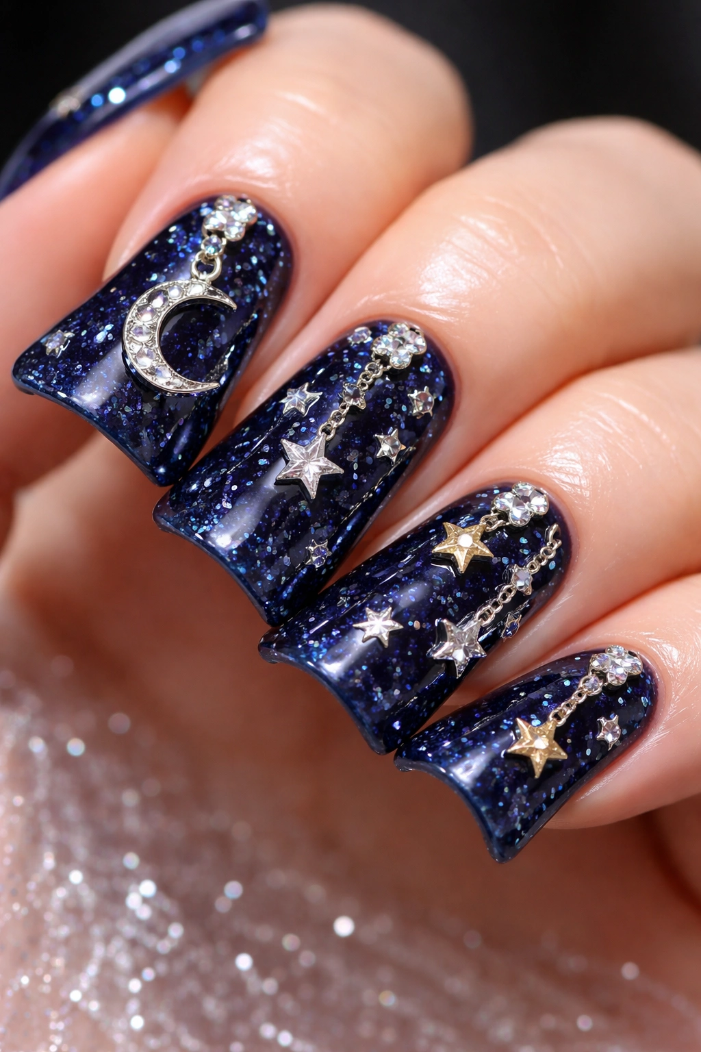 Duck nails in midnight blue with star and moon charms.