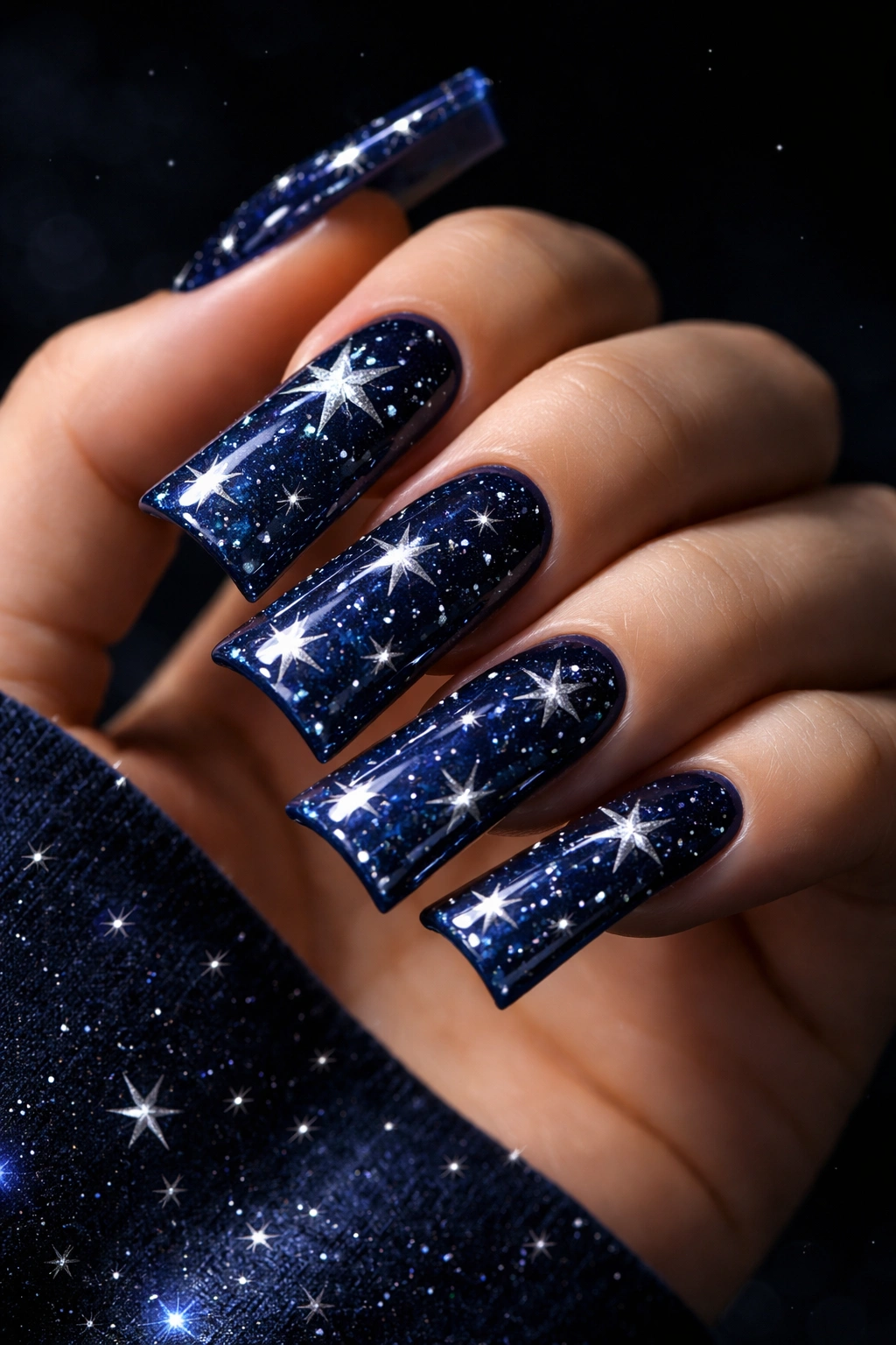 Close-up of midnight blue duck nails with silver star accents on a hand