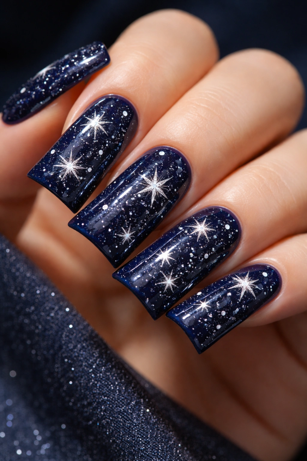 Close-up of duck nails in midnight blue with silver star sparkle