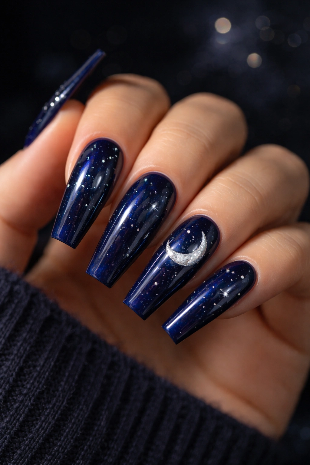Midnight blue coffin nails with stars and moon motif
