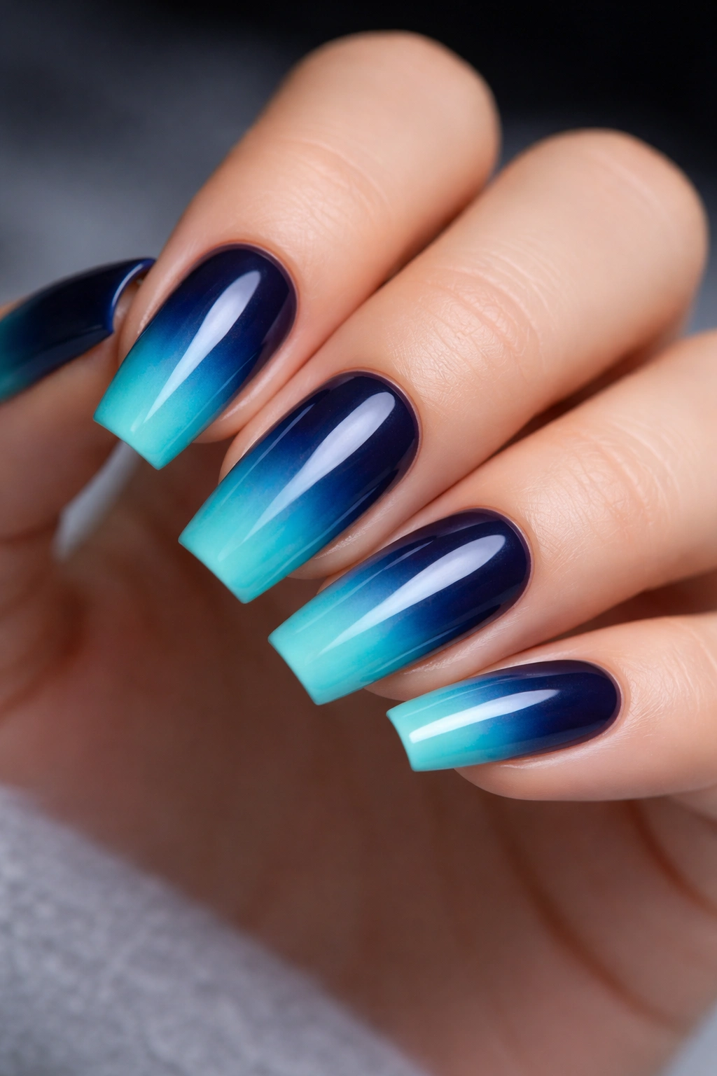 Medium coffin nails with midnight blue to turquoise gradient