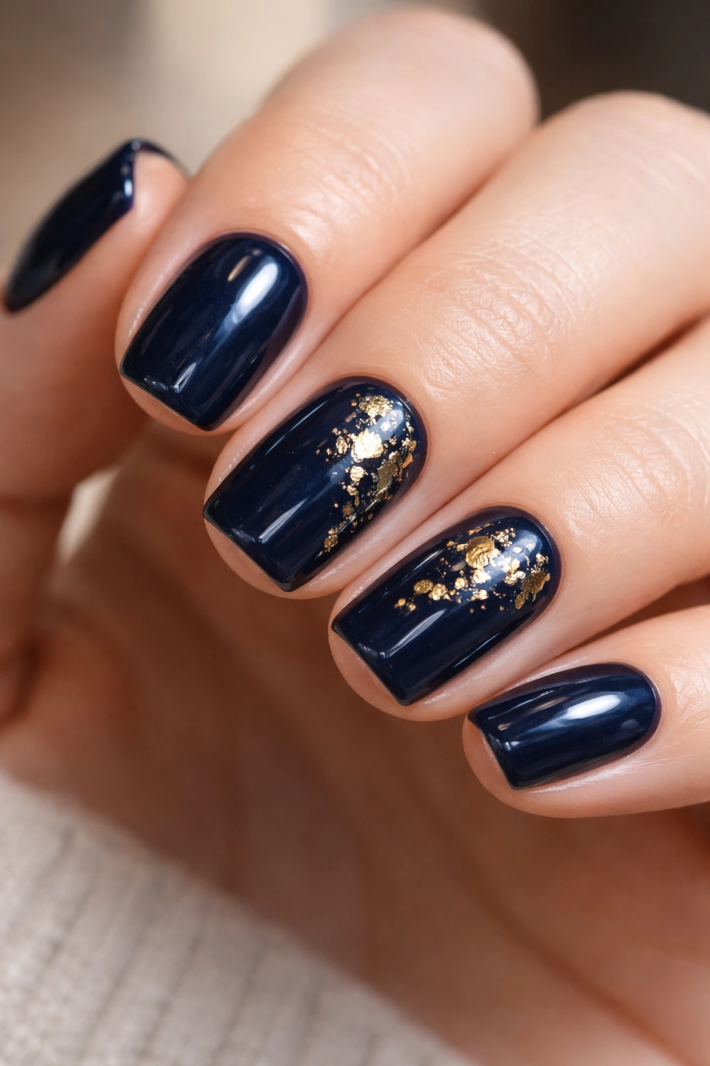 Navy nails with gold foil accents on a few nails