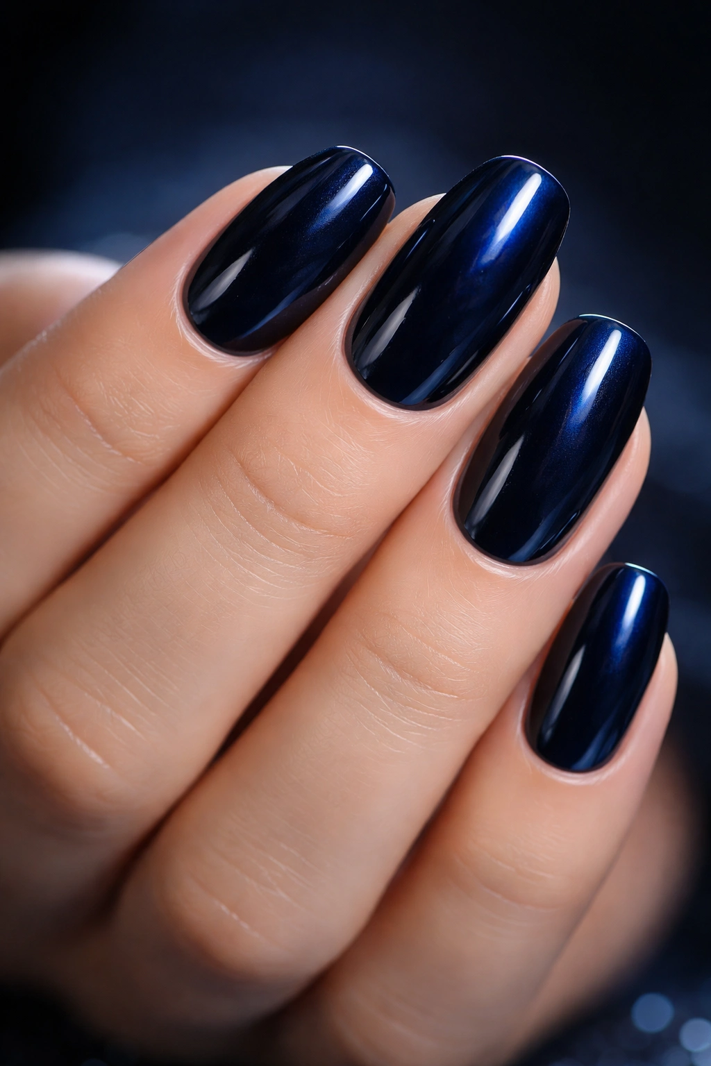 Close-up of midnight navy nails with blue undertones in studio lighting