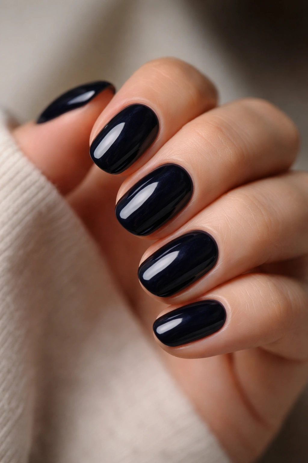 Close-up of short oval nails in midnight navy with subtle blue undertones