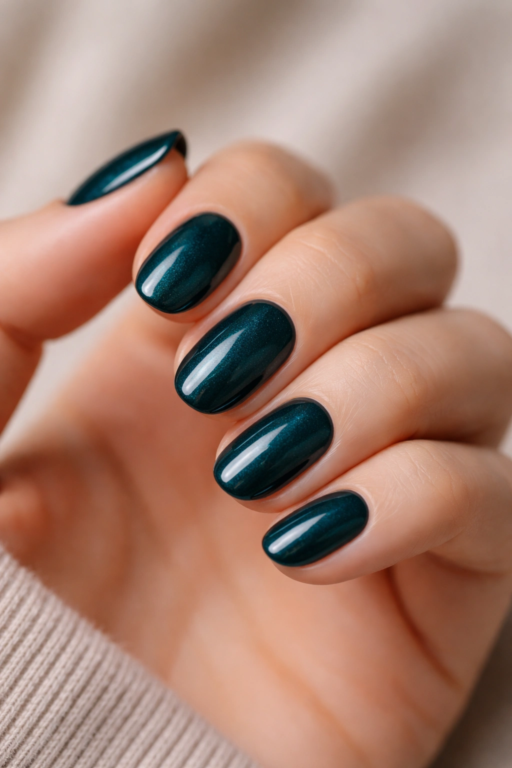 Close-up of midnight teal short oval nails with glossy gel finish on a neutral background
