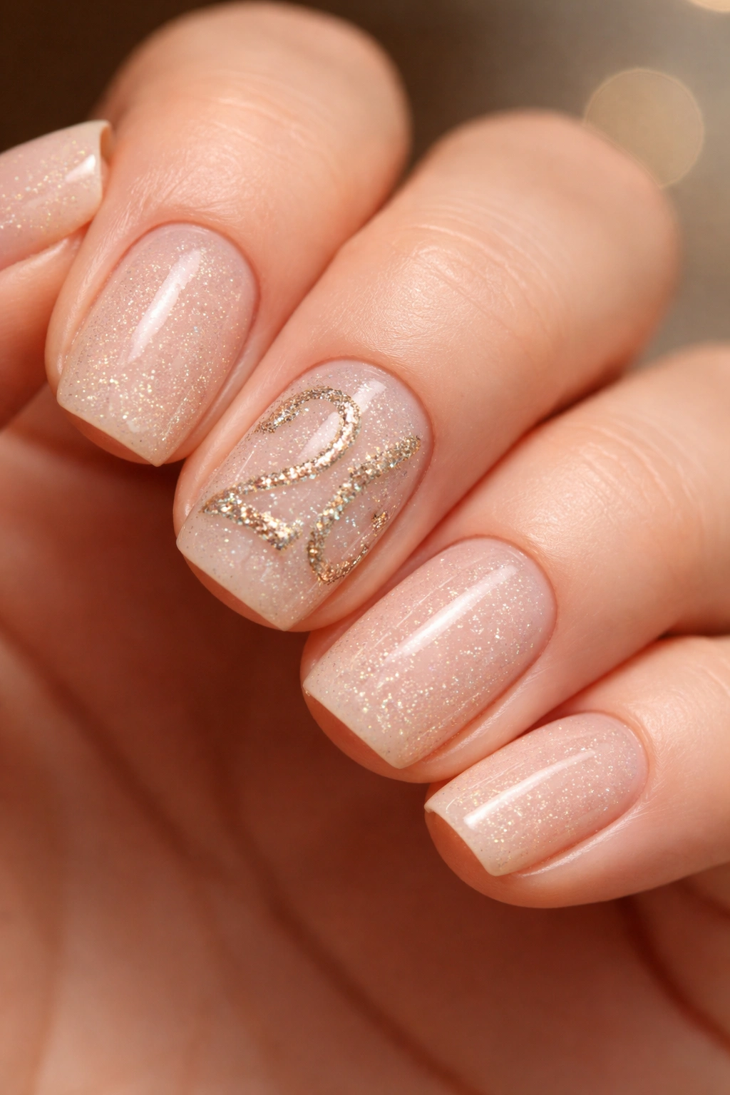 Accent nail with glitter outline hinting at numerals on nude nails