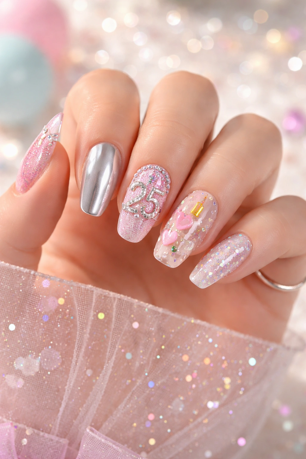 Nails in pastel and metallic tones representing milestone-inspired birthday ideas