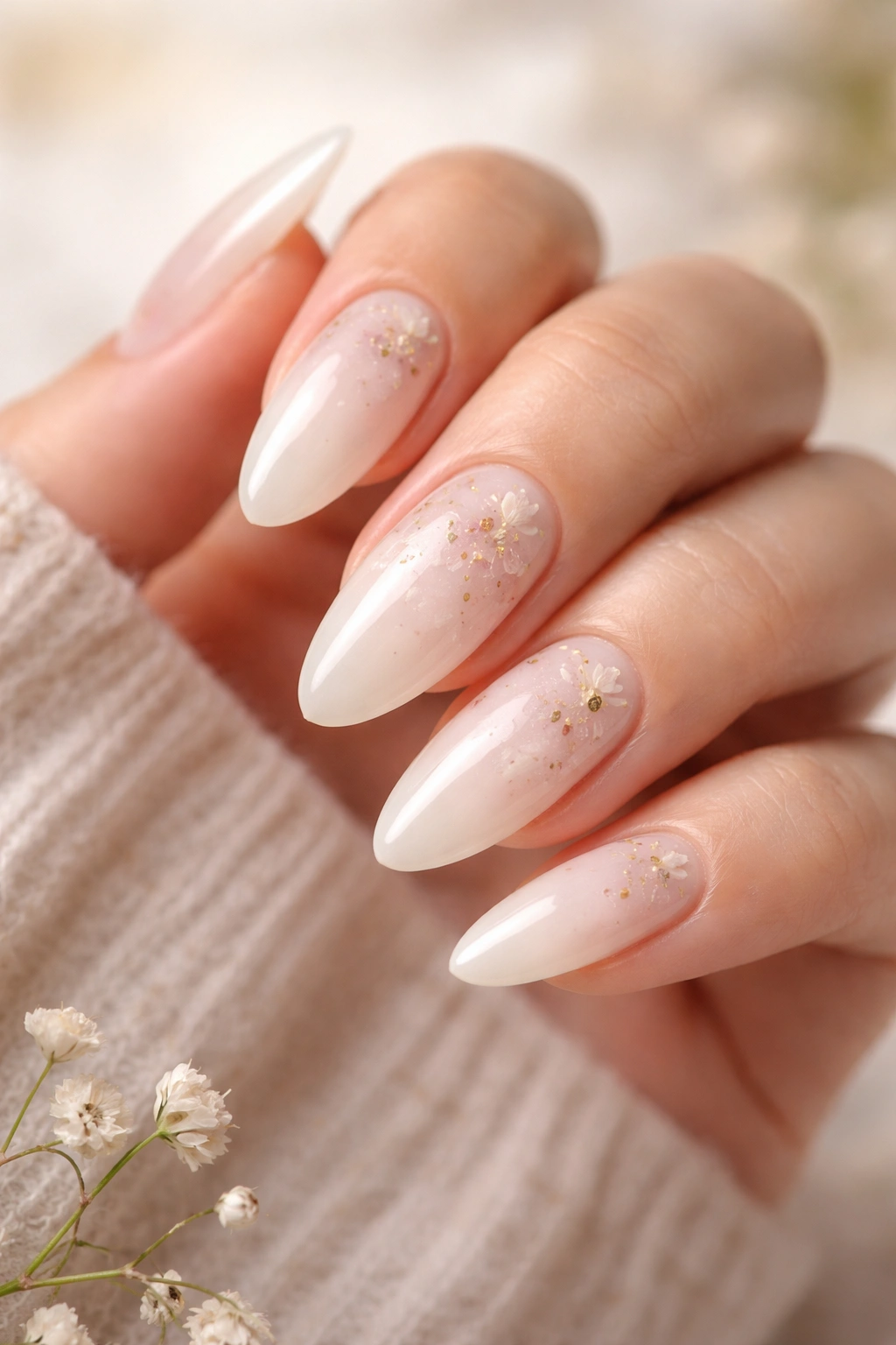 Close-up of almond-shaped milky bath nails with subtle floral accents