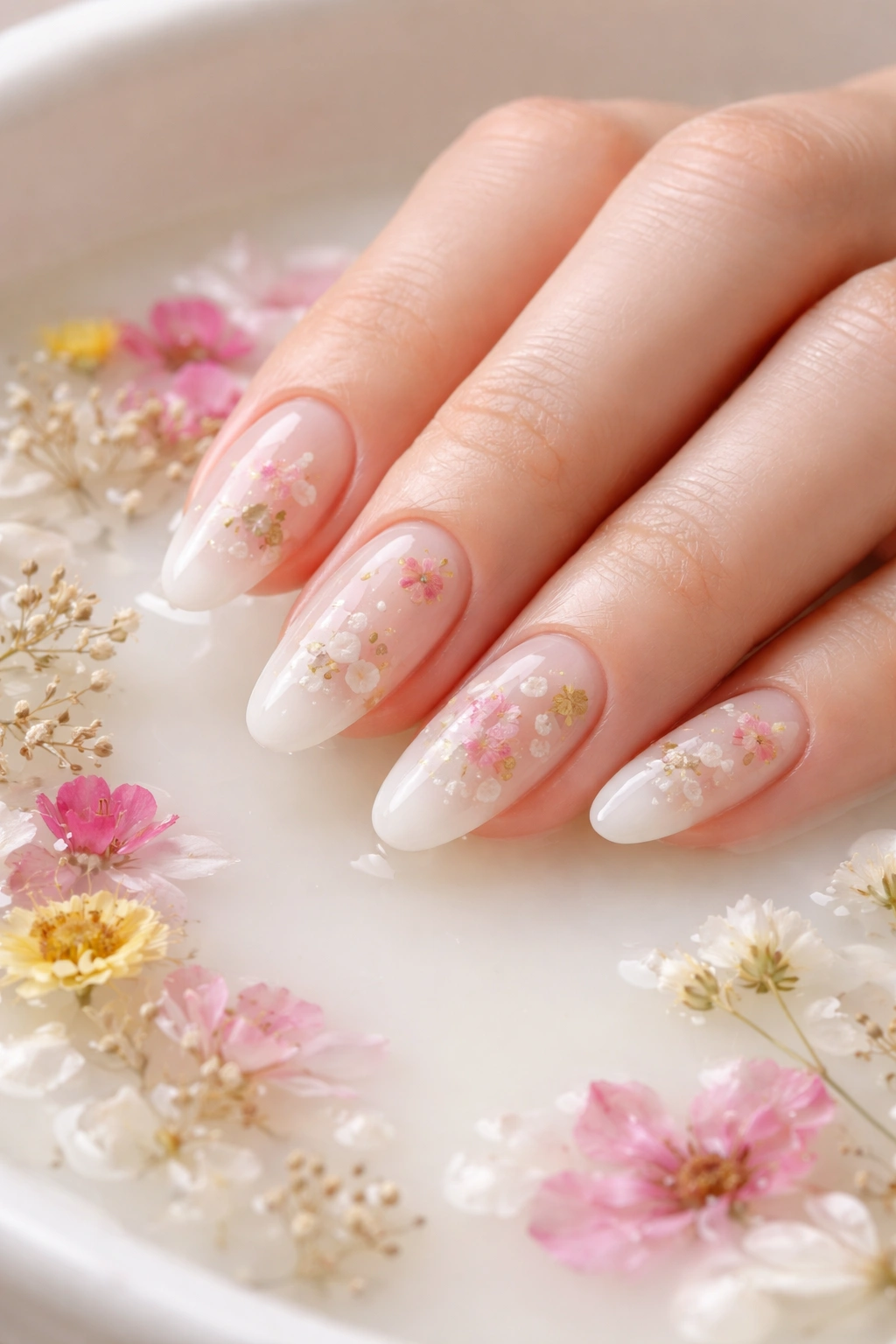 Close-up of classic white milk bath nails with embedded dried florals
