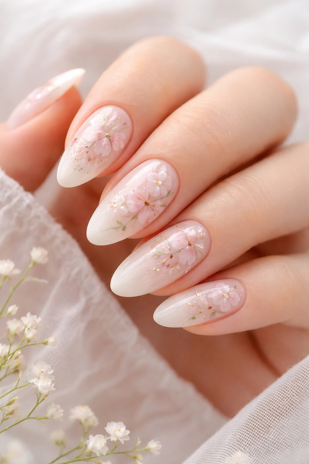Close-up of sheer milky nails with hand-painted florals on neutral backdrop