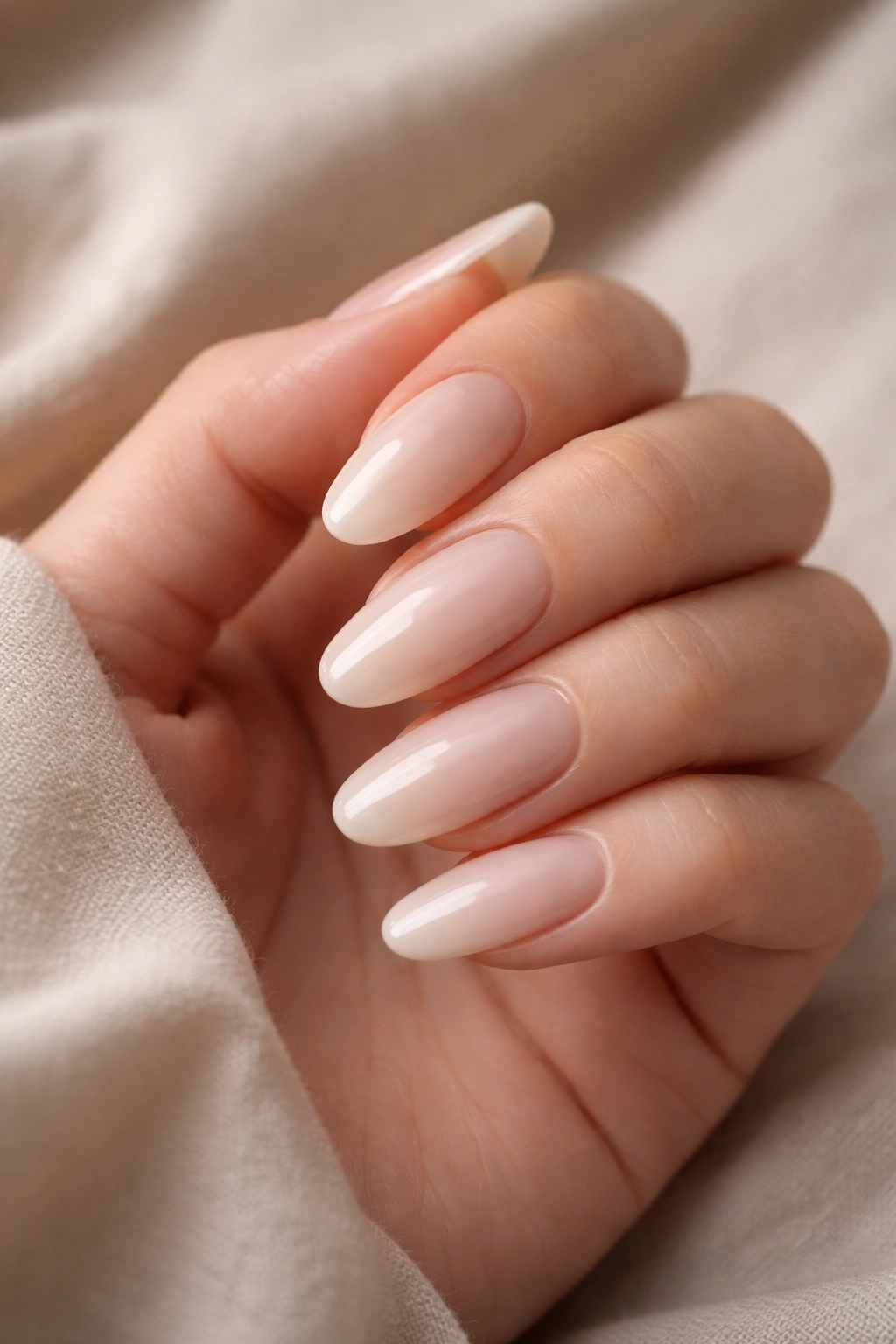 Close-up of a hand with long oval milk bath nails in creamy white tones resting on neutral fabric