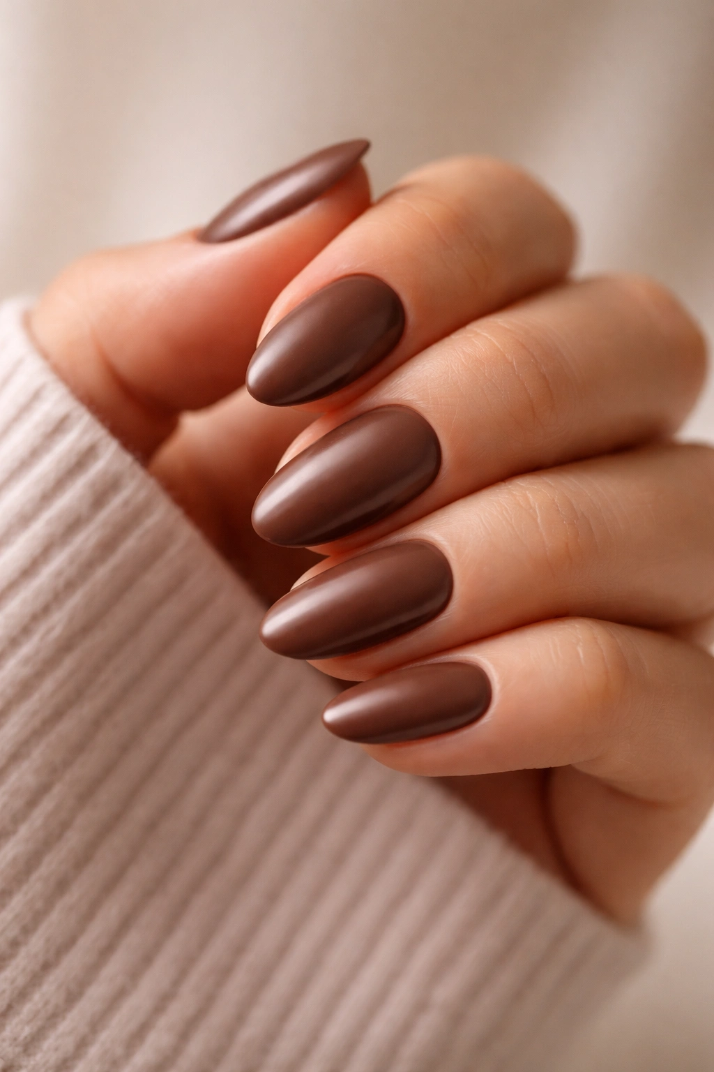 Close-up of milk chocolate brown short almond nails with satin sheen.