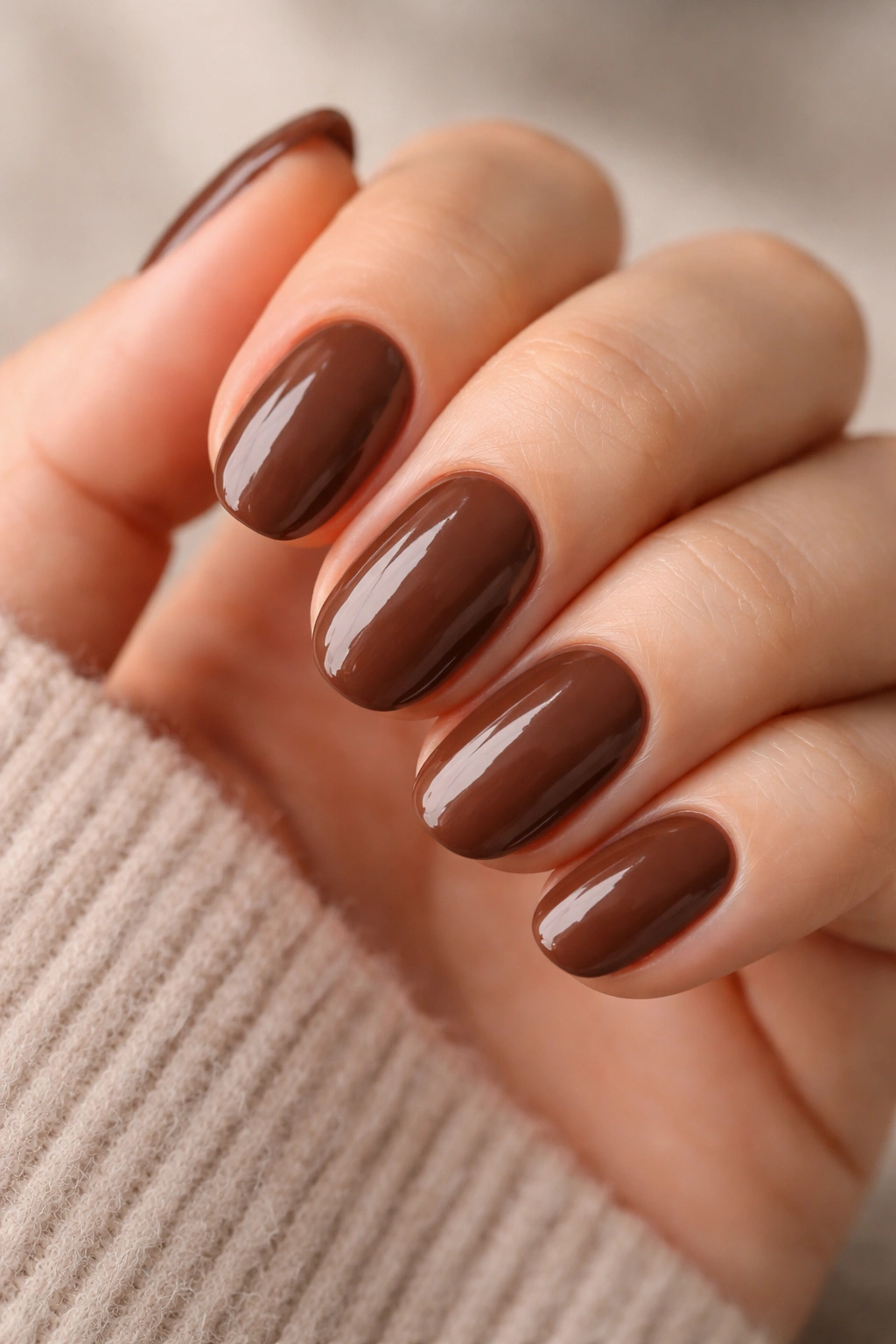 Close-up of short oval nails in milk chocolate glossy polish