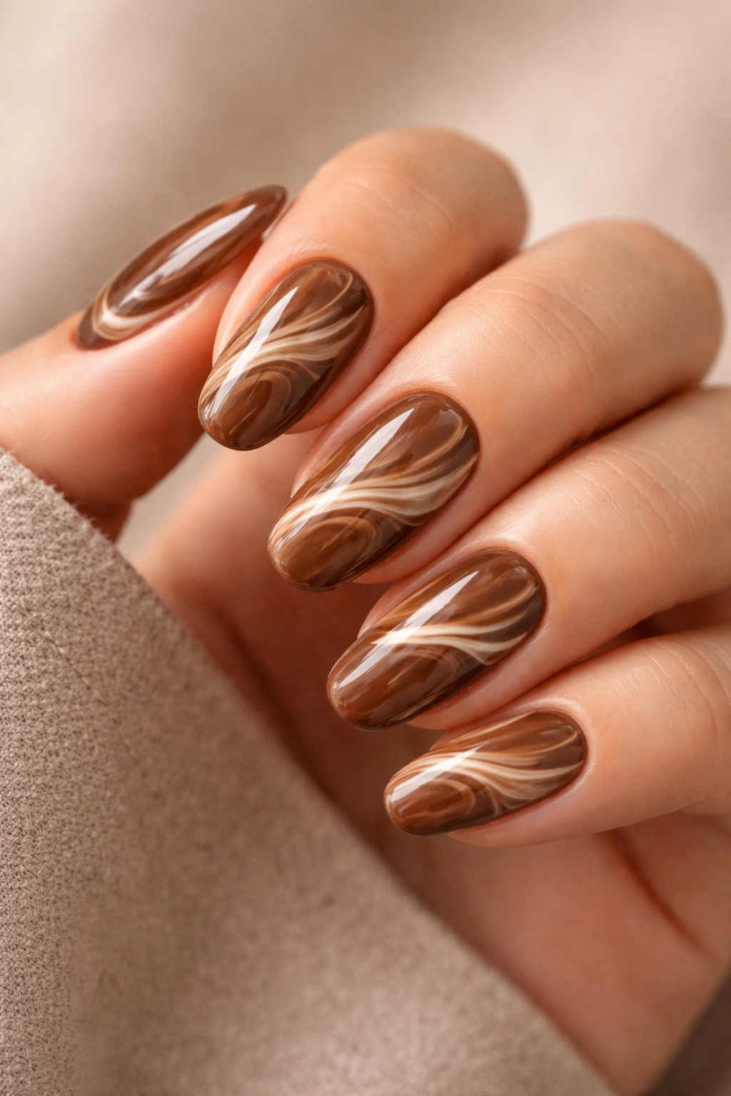 Close-up of milk chocolate brown nails with caramel swirls