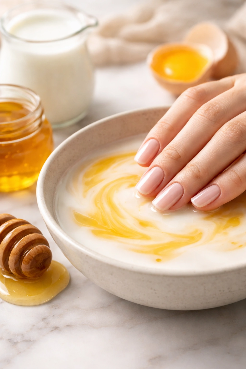 Nails soaking in milk and honey for brittle nail strengthening