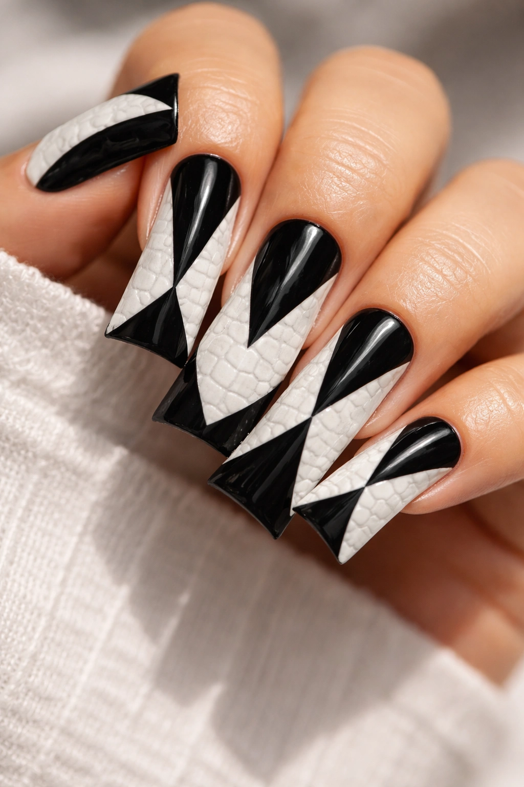 Close-up nails with milk-white croc texture and bold black blackout geometric sections