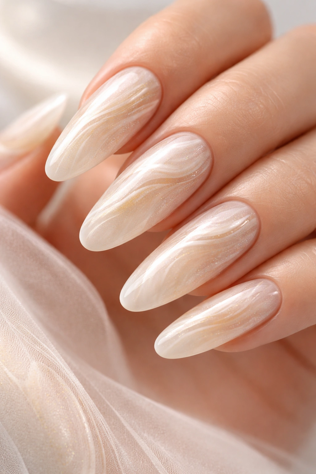 Close-up of long oval nails with champagne and cream swirl on milky base