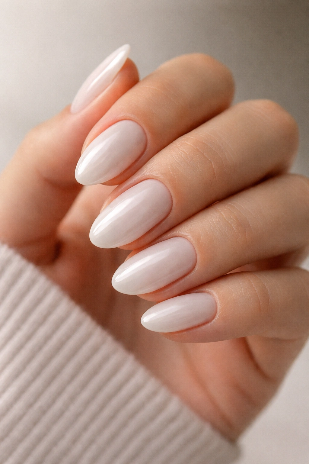 Close-up of milky white almond nails with a glazed pearly finish