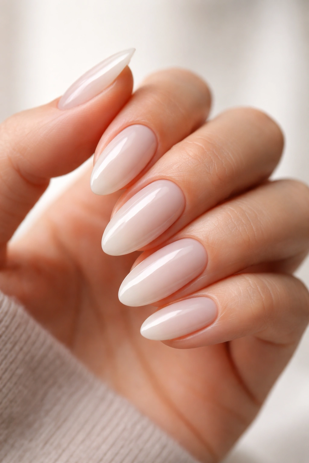 Close-up of milky almond nails with glossy translucent white polish on natural skin tone