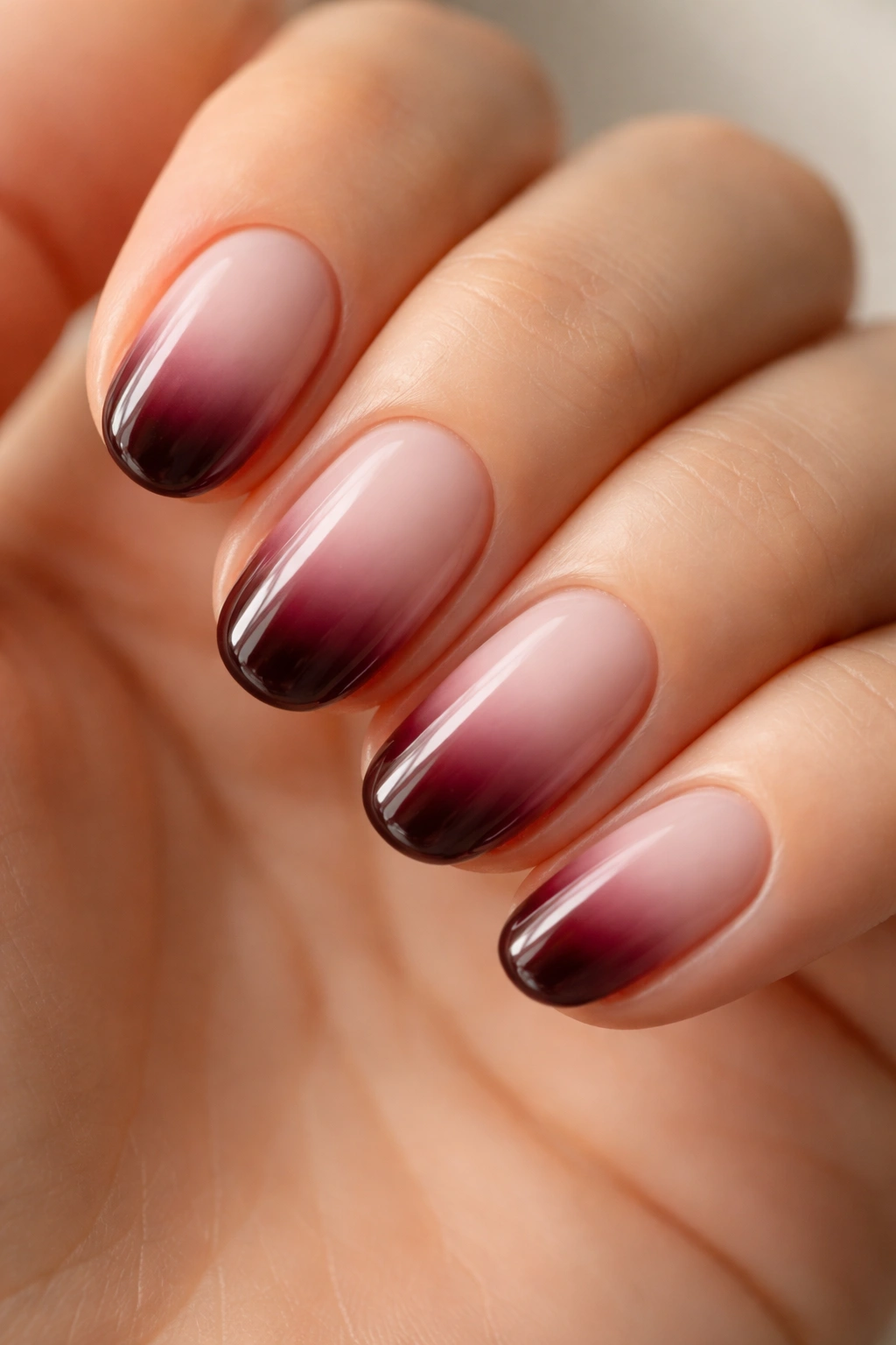 Close-up of short oval nails with milky base to black cherry burgundy gradient