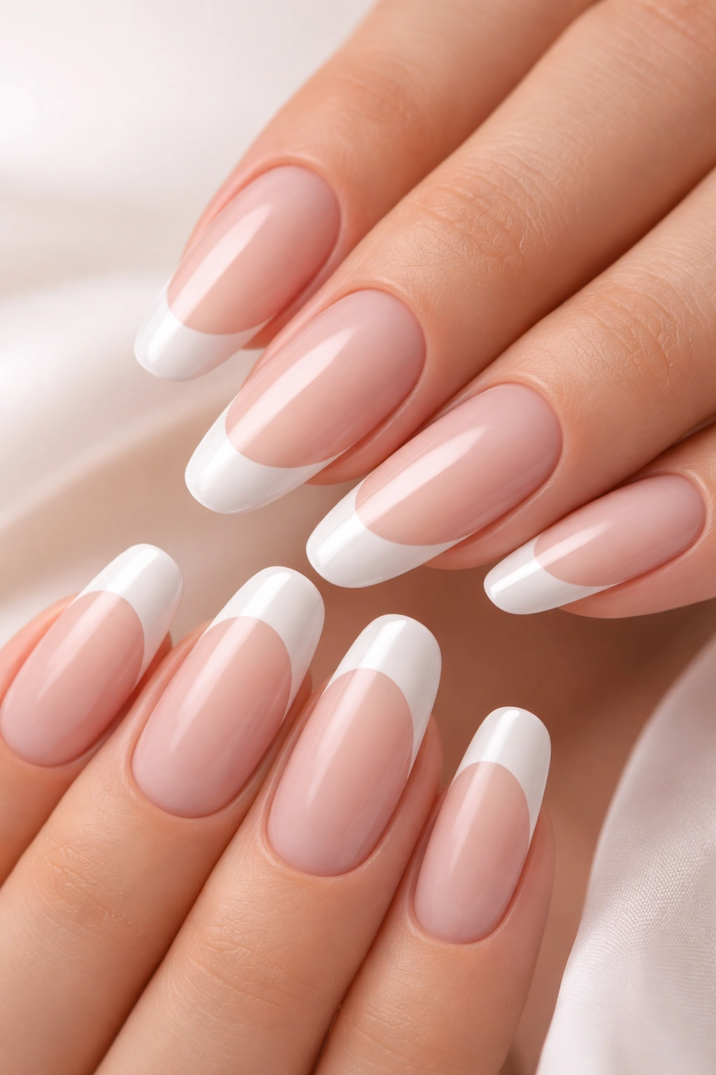 Nails with milky translucent base and white tips on long round nails.