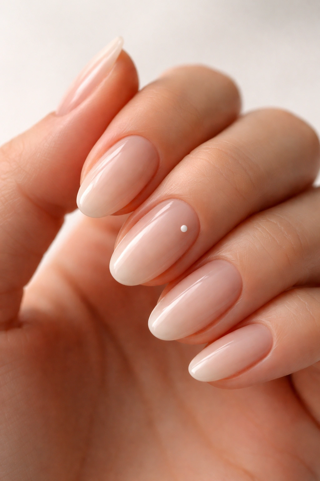 Close-up of nails with milky translucent base and a single white dot on one nail